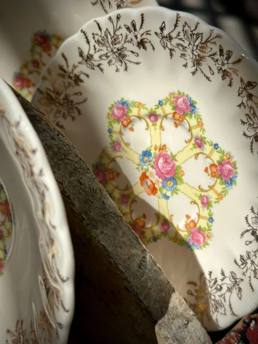 Vintage Franklinware Saucers Set 5 Ivory Gold Floral Tea Party China